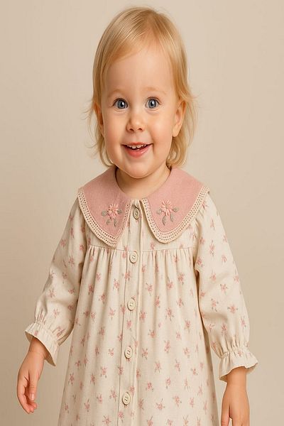 dinamik çocuk Baby Girl Floral Patterned Scallop Embroidered Wide Collar Dress Shirt 6-9-12-18-24 Months