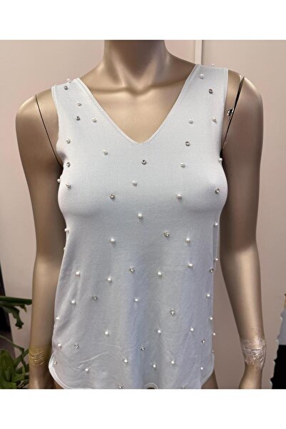DOLCE QUEEN Women's Pearl Detailed Stone Slim Fit V-Neck Blouse