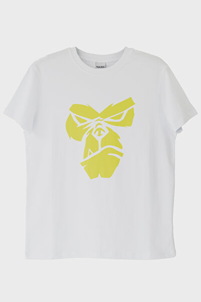 NUUGG تي شيرت أبيض مطبوع عليه وجه غوريلا أصفر لامع على الأرض (M / أبيض)