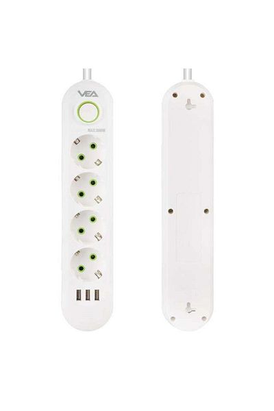 Zibox Vea Va-21560 4-Way 3 USB 1.5 Meter Surge Protected Socket White
