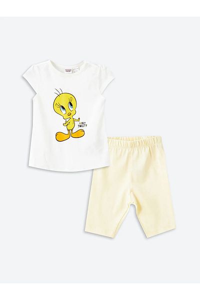 LC Waikiki Lcw kids ecru bicycle collar tweety printed girl's pajama set