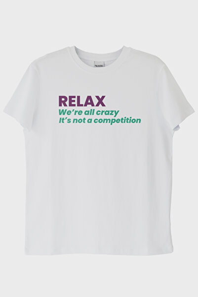 NUUGG تي شيرت أبيض مطبوع عليه رسالة RELAX