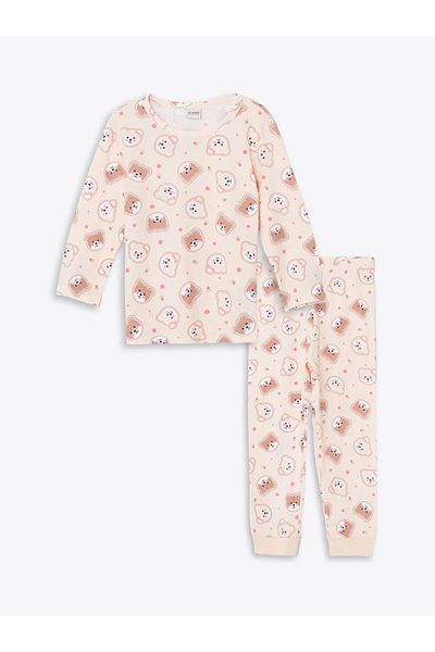 LC Waikiki Lcw Kids Ecru Crew Neck Printed Girl's Pajama Set