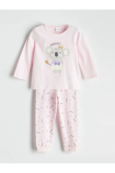 LC Waikiki Lcw Kids Pink Crew Neck Printed Long Sleeve Girls Pajamas Set