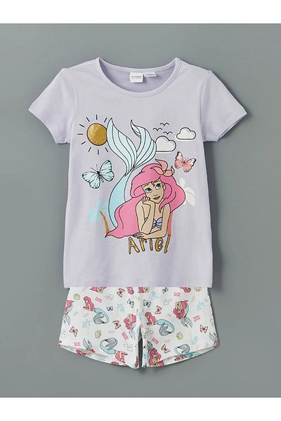 LC Waikiki Пижамен комплект с шорти и къси панталони LCW Kids с щампа на русалка Ариел в лилав цвят