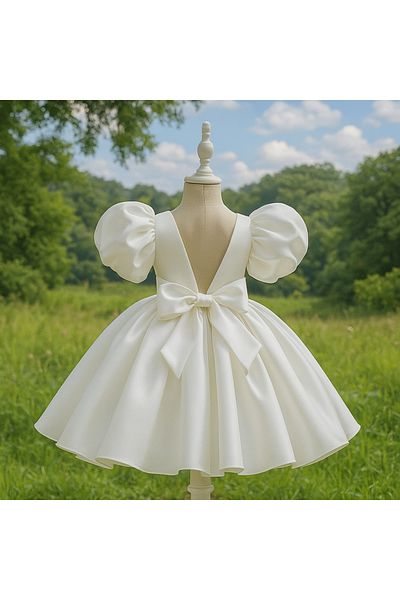 MUSGEM Special Design White Color Balloon Sleeve Bow Detail Girls' Evening Dress