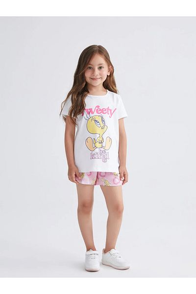 LC Waikiki Lcw Kids White Crew Neck Tweety Printed Girls' Shorts Pajama Set