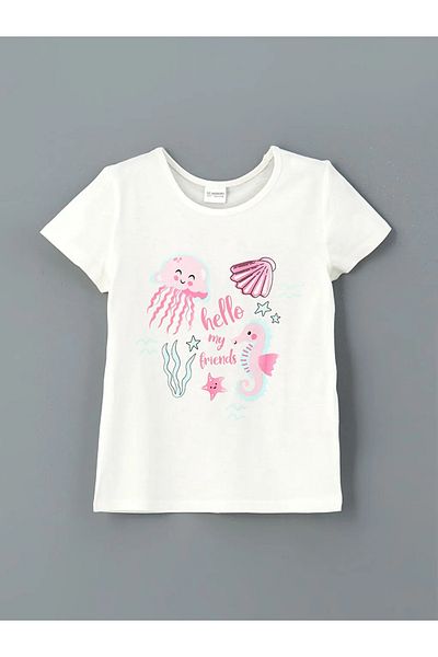 LC Waikiki Lcw Kids Ecru Crew Neck Printed Girls' Pajama Top