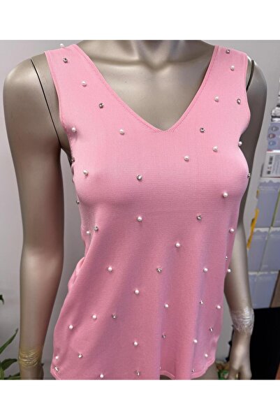 DOLCE QUEEN Women's Pearl Detailed Stone Slim Fit V-Neck Blouse