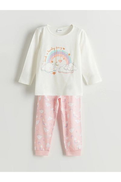 LC Waikiki Lcw Kids Ecru Crew Neck Printed Girl's Pajama Set
