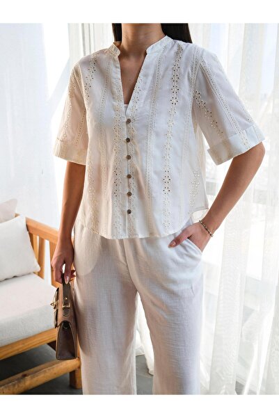 Elenova Dantel İşlemeli Kısa Kollu Gömlek