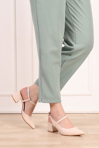 SHOESSHOPS Patent Leather Open Back Short Block Heeled Women's Shoes