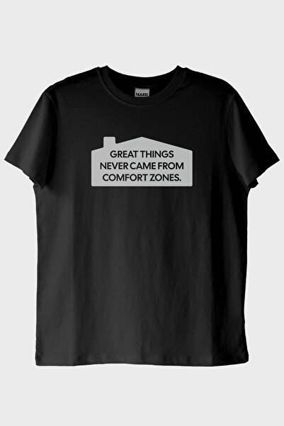 NUUGG تي شيرت أسود مطبوع عليه عبارة Great Things Never Came from Comfort Zone...