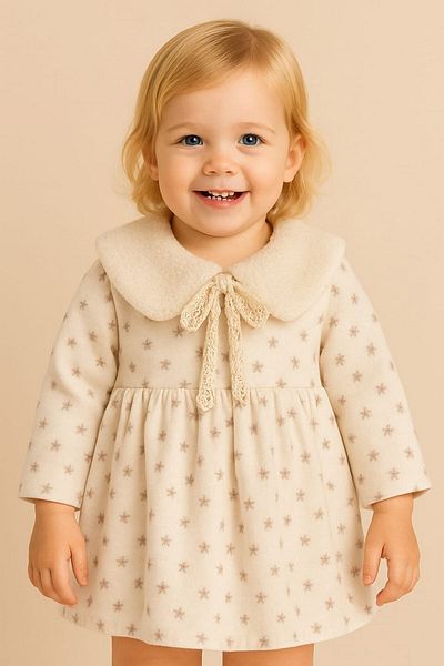 dinamik çocuk Baby Girl Removable Plush Collar Floral Print Long Sleeve Dress 3-6-9-12-18-24 Months
