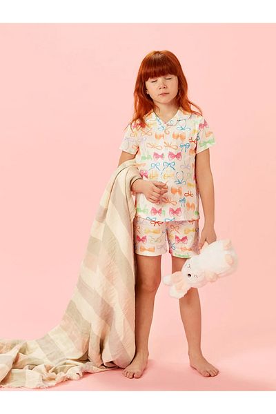 LC Waikiki Lcw Kids Ecru Ribbon Detailed Girl's Shorts Pajama Set