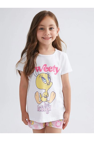 LC Waikiki Lcw Kids White Crew Neck Tweety Printed Girls' Shorts Pajama Set