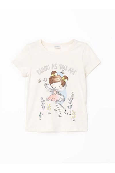 LC Waikiki Lcw Kids Ecru Crew Neck Printed Girls' Pajama Top