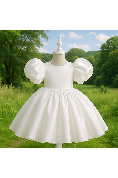 MUSGEM Special Design White Color Balloon Sleeve Bow Detail Girls' Evening Dress