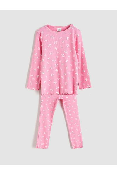 LC Waikiki Lcw Kids Pink Crew Neck Bow Printed Girls Pajamas Set