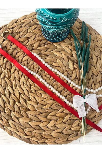 nuksoc Plain Red Ribbon Without Pattern with Spilled Pearls Promise Engagement Ring Ribbon Henna Wedding Bride