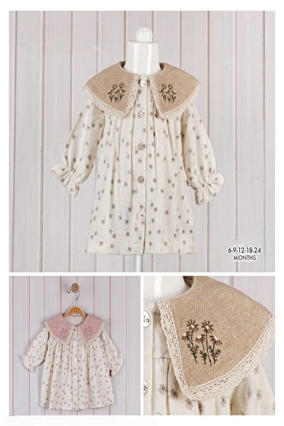 dinamik çocuk Baby Girl Floral Patterned Scallop Embroidered Wide Collar Dress Shirt 6-9-12-18-24 Months