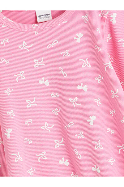 LC Waikiki LCW Kids Pembe Bisiklet Yaka Fiyonk Baskılı Kız Çocuk Pijama Takımı