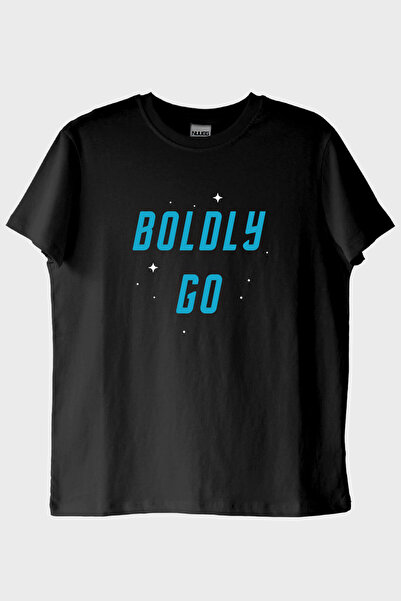 Generic Brand Boldly Go Printed Space Themed Black T-Shirt (S / Black)