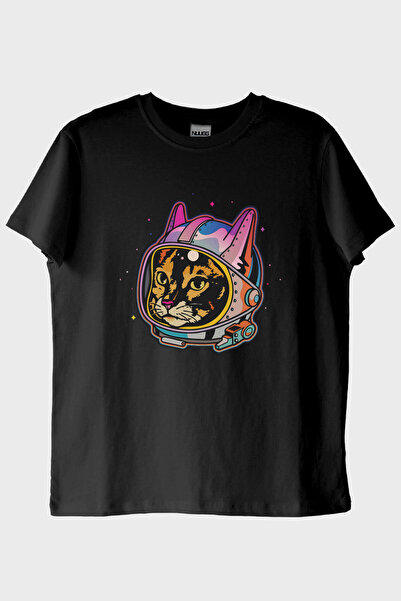 NUUGG Astrocat Colorful Astronaut Cat Printed Black T-Shirt (XXL / Black)
