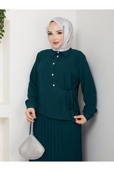 Monchoix Women's Side Tie Plus Size Pleated Skirt Double Suit