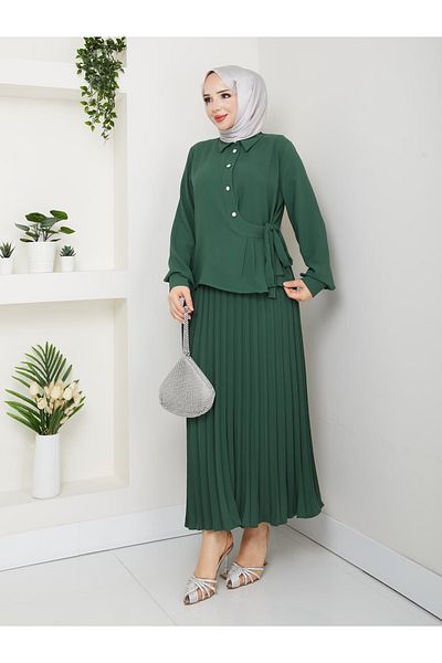 Monchoix Women's Side Tie Plus Size Pleated Skirt Double Suit