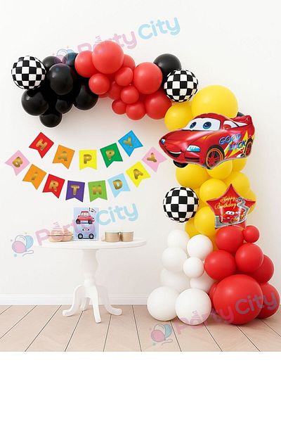 Party City Car Themed Birthday Decoration Set – 50 Pieces Colorful Balloon + Foil Balloon + Banner