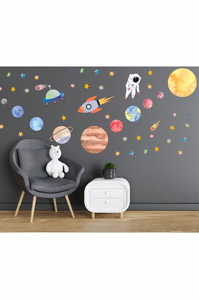Grafikup Σετ αυτοκόλλητων τοίχου Watercolor Space - Σετ αυτοκόλλητων τοίχου Planets Astronaut Stars