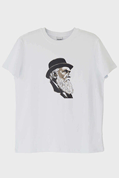 NUUGG تي شيرت أبيض بتصميم مطبوع من دارفين بورتريه (L / أبيض)