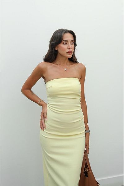 Havoş Light Yellow Staple Dress with Drape Detail on the Side