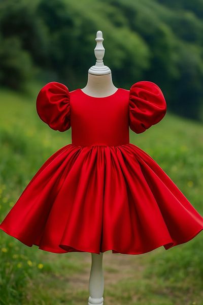 MUSGEM Special Design Red Color Balloon Sleeve Bow Detailed Girl's Evening Dress
