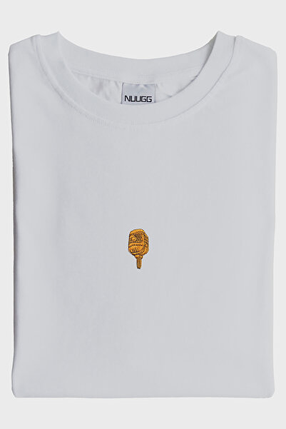 NUUGG تي شيرت موسيقى مطرز بميكروفون ذهبي (L / أبيض)