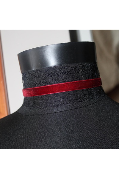 Mournbelle Gotik Bordo Kadife Şeritli Dantel Choker