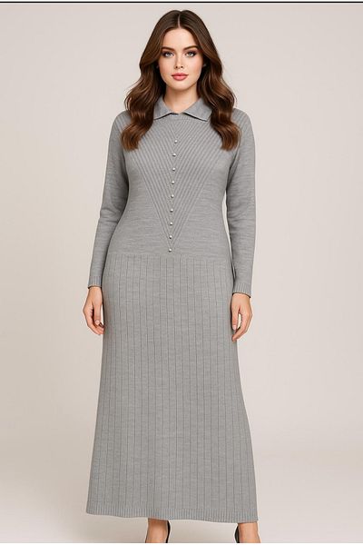 semela New Season Stone Detail Pleated Knit Dress