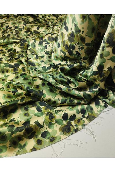 Kumaş Parça Pastel Yellow with Green Patterned Satin (Width 150 cm X Length 200 cm)