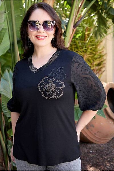 FOR ESRA BIG TREND Women's Stone Flower Print Three Quarter Sleeve Patterned Tulle Side Slit Stretchy Viscose V Neck Blouse