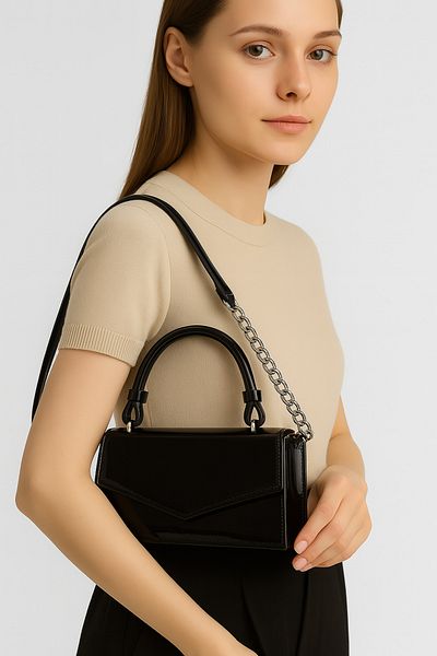 Silblack Shiny Patent Leather Shoulder and Hand Bag - Stylish Design Mini Model with Chain Strap