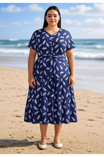 FOR ESRA BIG TREND Women's Leaf Pattern V-Neck Half Button Waist Tie-Up Belt Flounced Midi Length Short Sleevewoven Dress