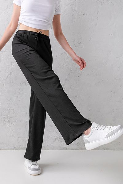 CNRCollection Women's Black Elastic Waist Tied Stretchy Wide Leg Double Pocket Palazzo Wrap Women's Trousers