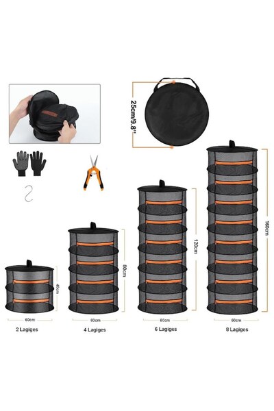 OEM Foldable Shelf for Drying Herbs, Flowers, Seeds, Black Mesh, with Hook, 2 Shelves, Orange Zippers