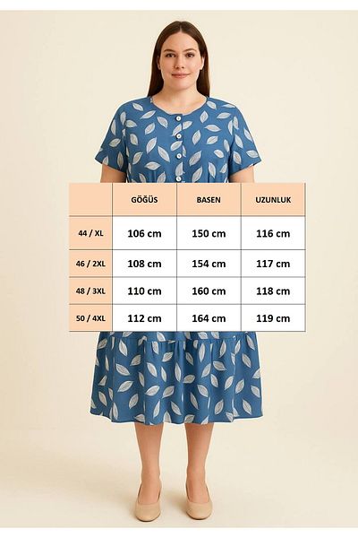 FOR ESRA BIG TREND Women's Leaf Pattern V-Neck Half Button Waist Tie-Up Belt Flounced Midi Length Short Sleevewoven Dress