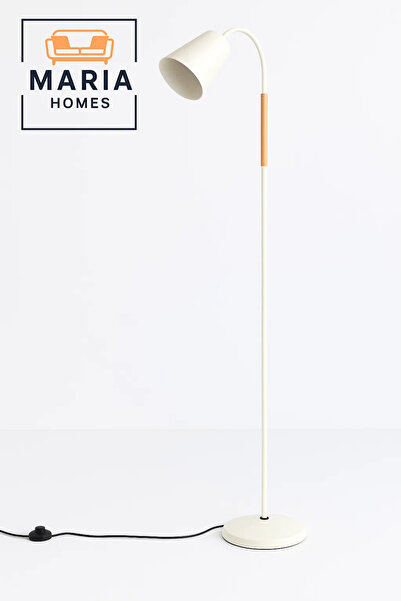 MARIA HOMES Minimalist White Floor Lamp with Curved Neck and Wooden Accent