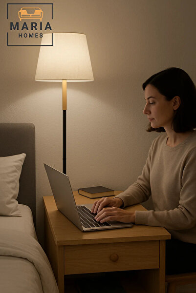 MARIA HOMES Modern Floor Lamp with Fabric Shade and Wooden Accent