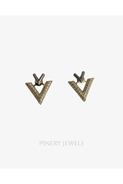 Pinery Jewels VIP SERİ - Zirkon Taşlı V Altın Kaplama Küpe Çifti