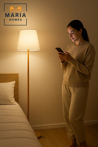 MARIA HOMES Minimalist Wooden Floor Lamp with White Fabric Shade