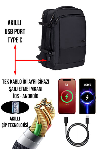 Dada Usb Aparatlı Körüklü Laptop Sırt Çantası 15,6 inç 40 Litre Su Geçirmez K...